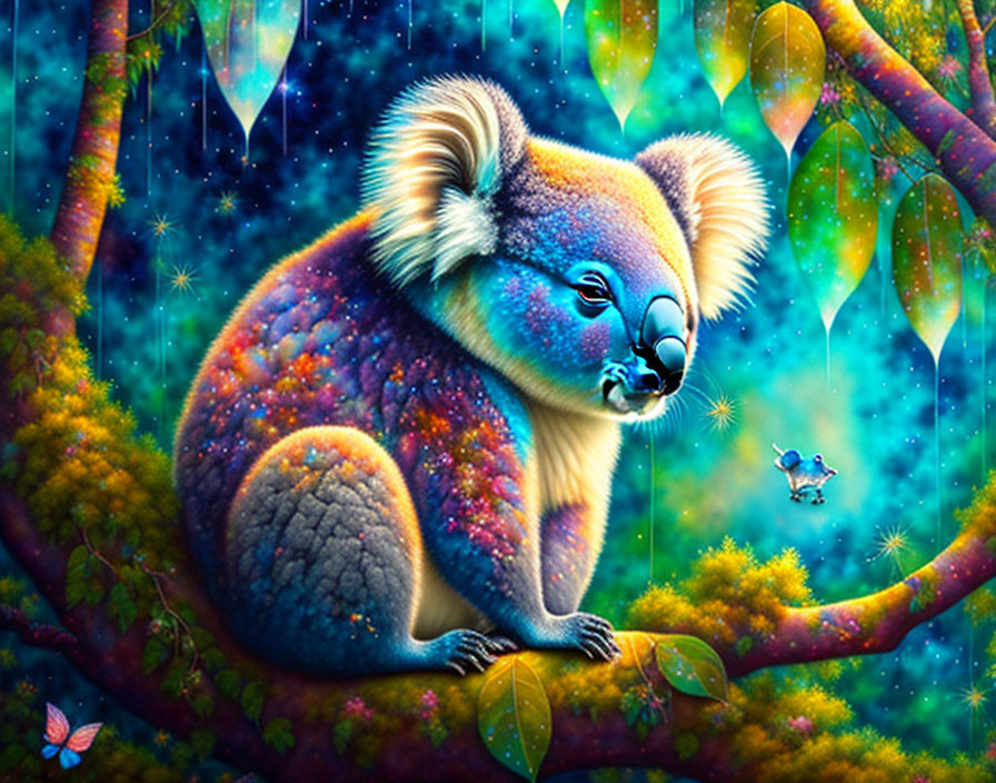 Vibrant Koala Art: Blue and Purple Hues in Enchanted Forest