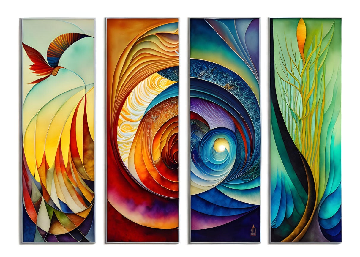 Abstract designs in warm and cool colors: Bird, swirling patterns, stylized foliage