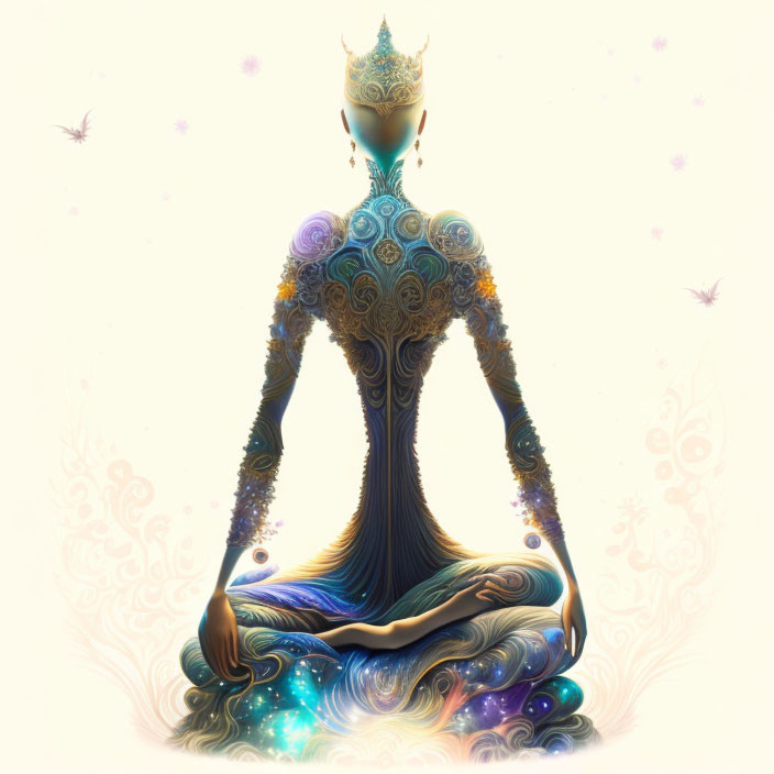 Regal figure in cosmic setting with butterflies