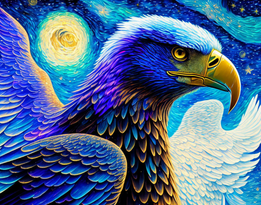 Colorful digital artwork: Eagle in cosmic setting with galaxy blend.