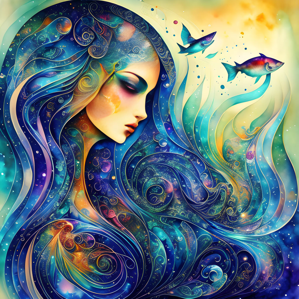 Colorful Illustration of Woman with Celestial Hair and Ethereal Fish