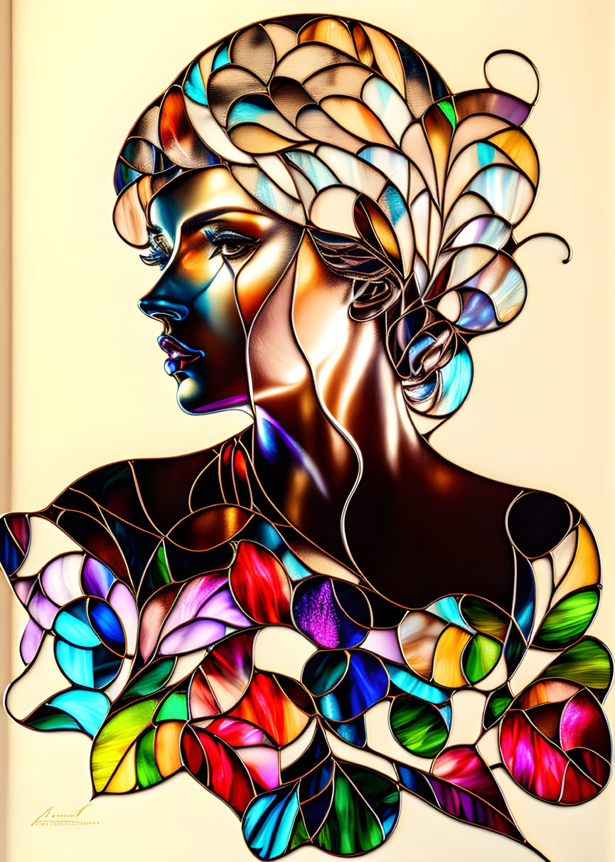 Colorful Stained Glass Design Blending with Woman's Portrait