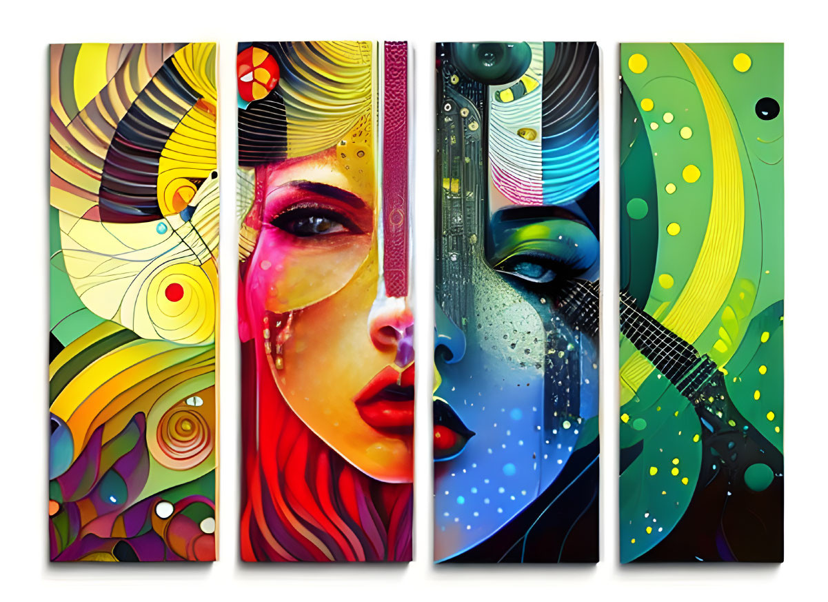 Four-panel vibrant abstract artwork: stylized female faces & nature elements.