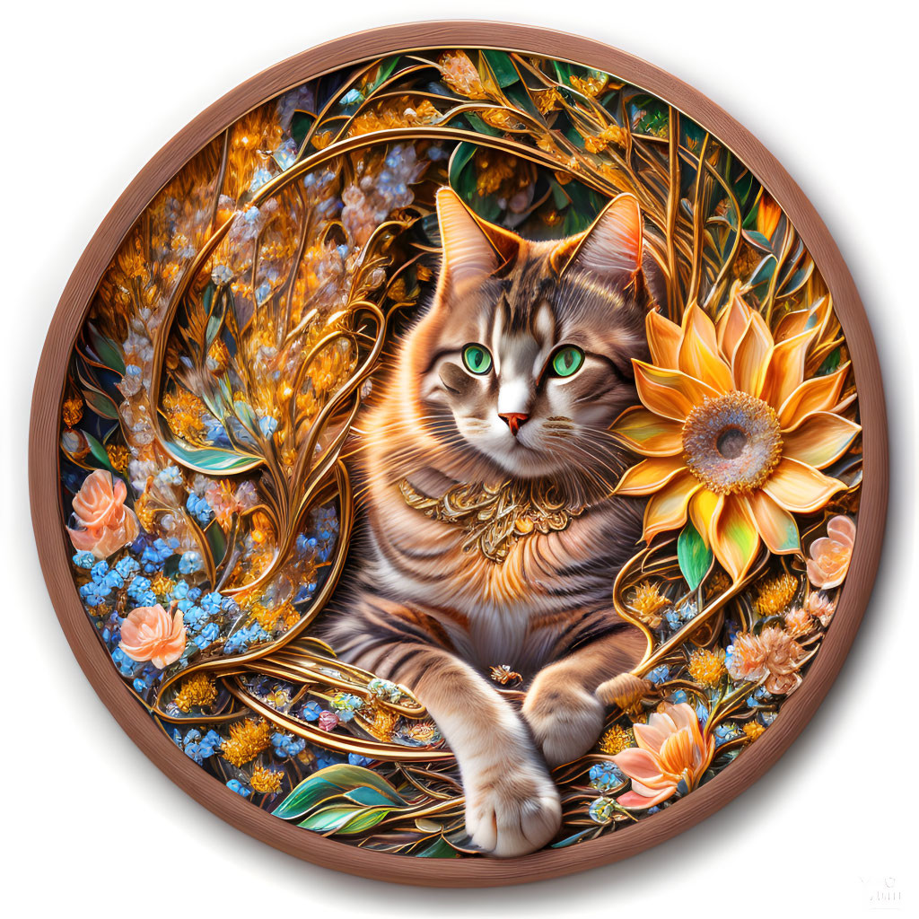 Tabby Cat with Green Eyes and Golden Pendant Surrounded by Flowers