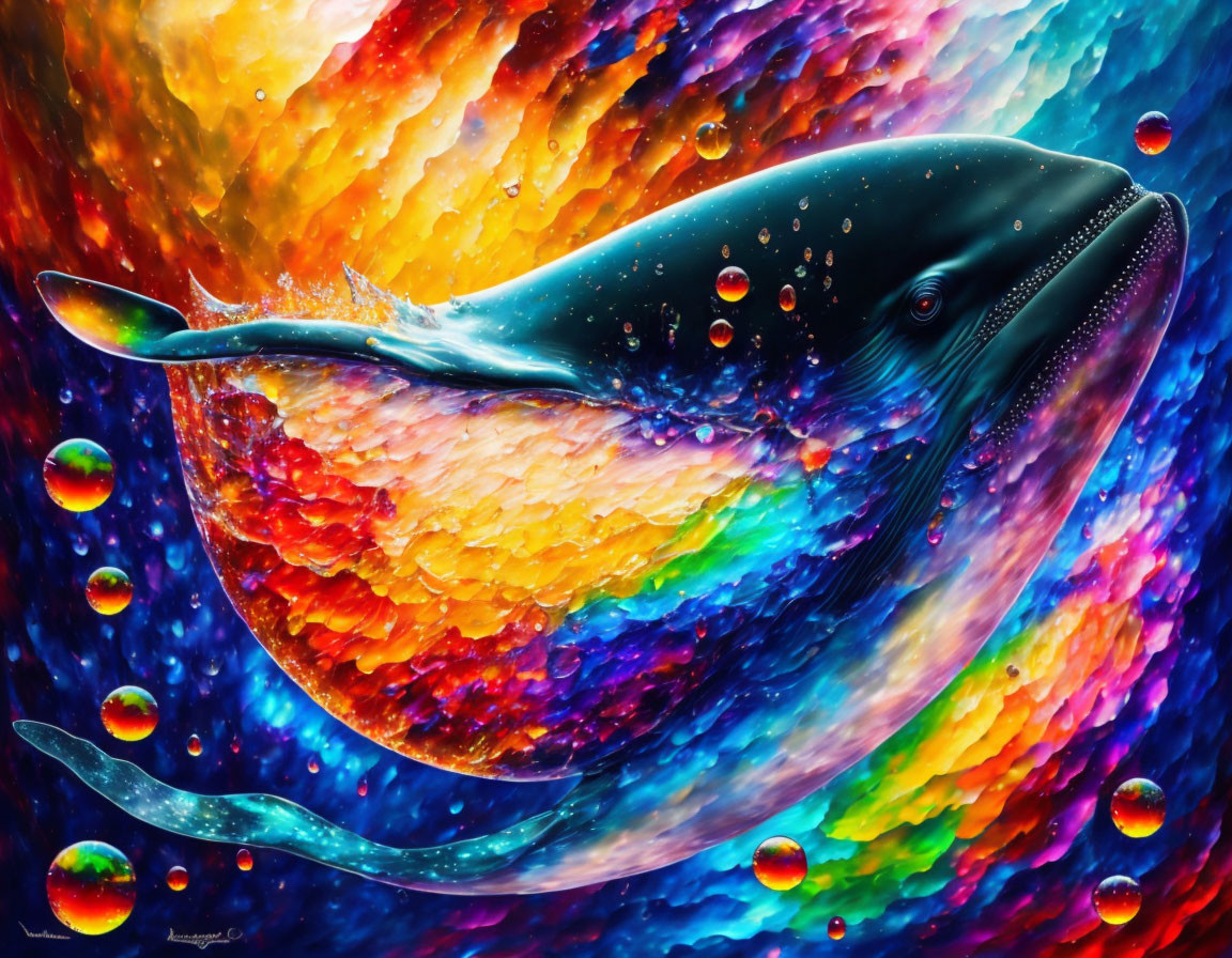 Colorful Whale Painting in Cosmic Atmosphere