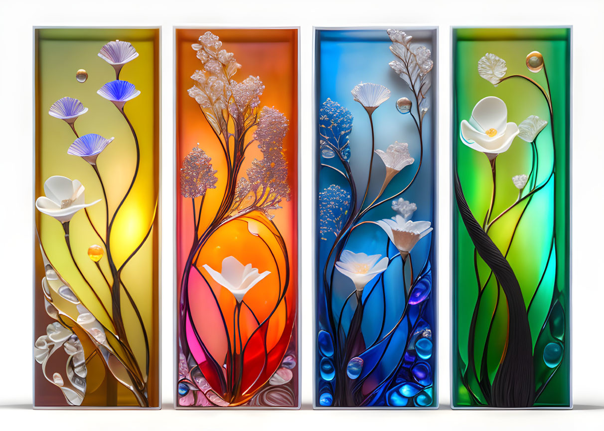 Colorful Abstract Floral Stained Glass Panels Displayed Vertically