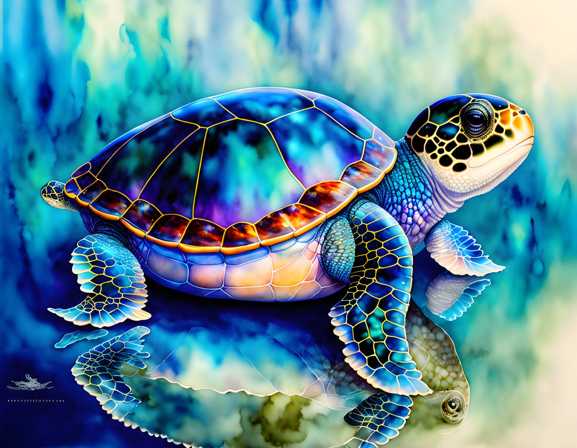 Colorful Sea Turtle Illustration on Blue-Green Background