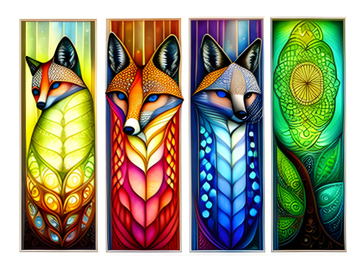 Colorful Stylized Panels of Elongated Foxes on Vibrant Backgrounds