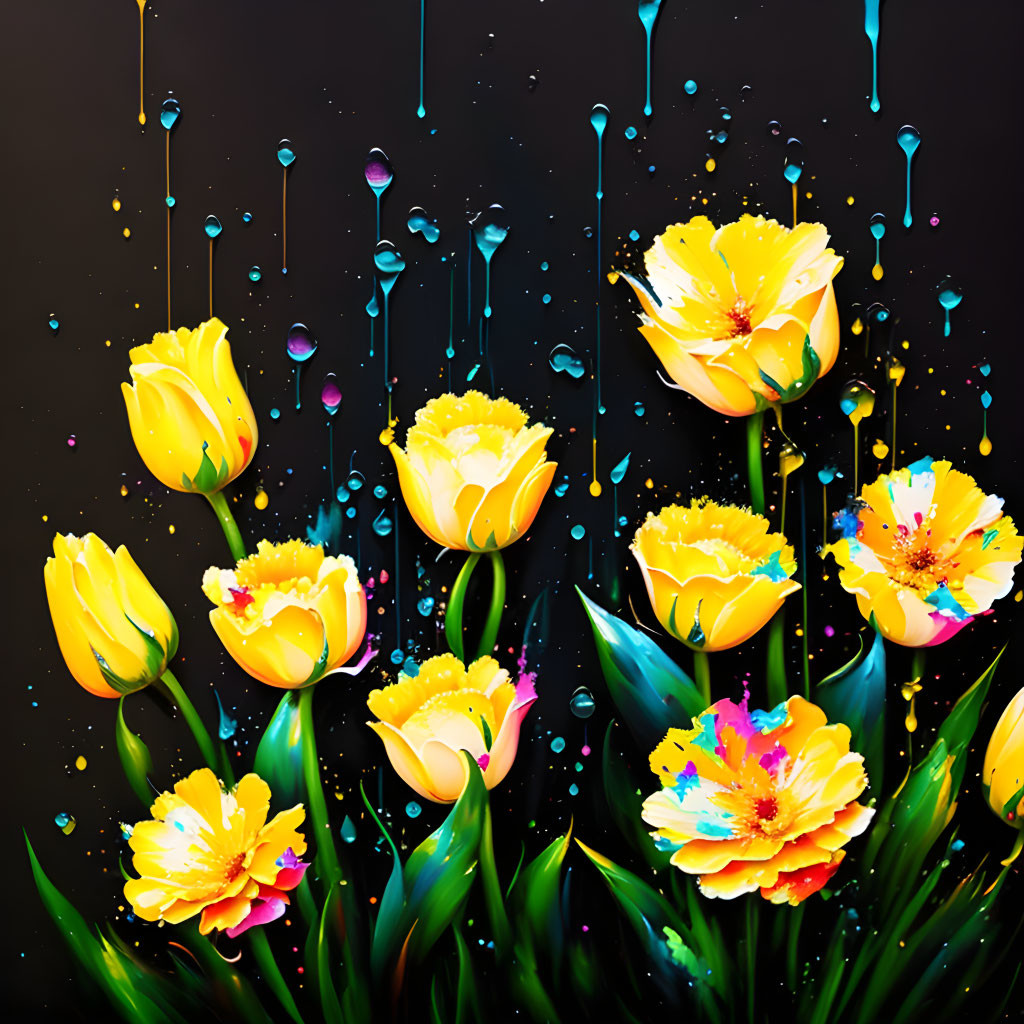 Colorful Paint Splattered Yellow Tulips on Dark Background