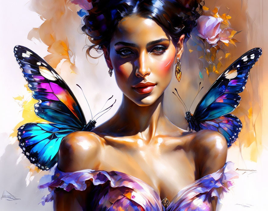 Colorful painting of woman with butterflies in a mix of realism and fantasy