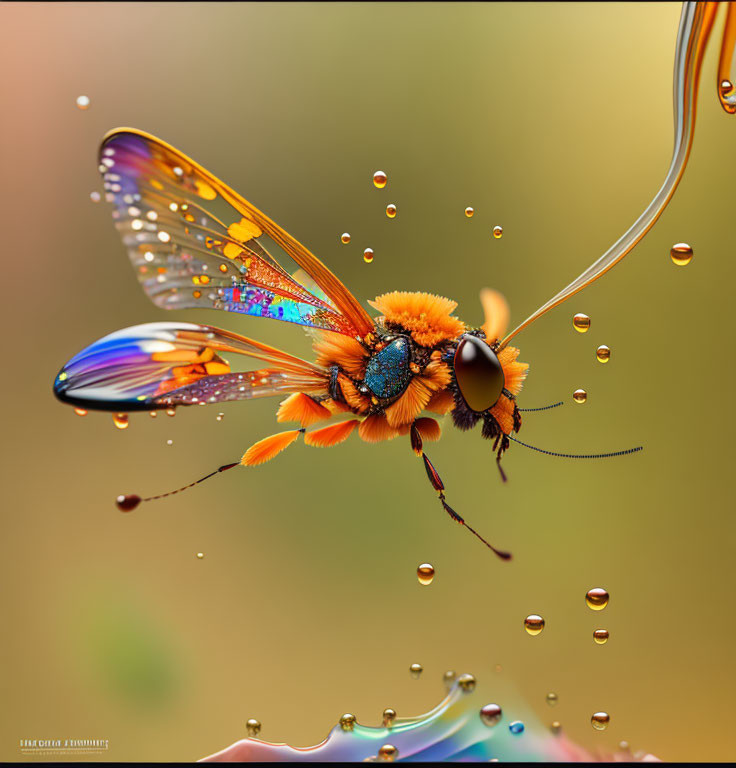 Colorful Butterfly Artwork on Orange Flower with Water Droplets