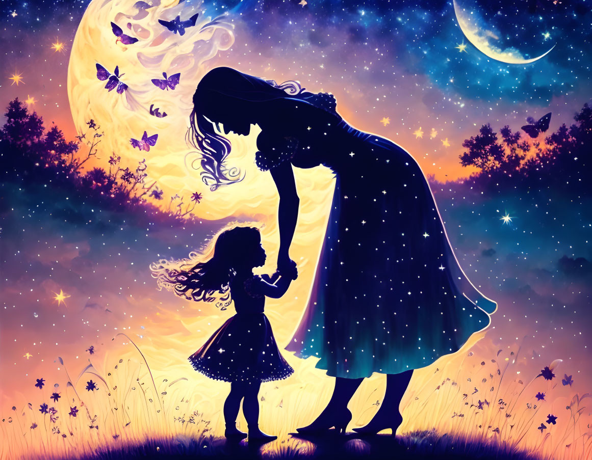 Silhouetted woman and child under starry sky with crescent moon and butterflies.