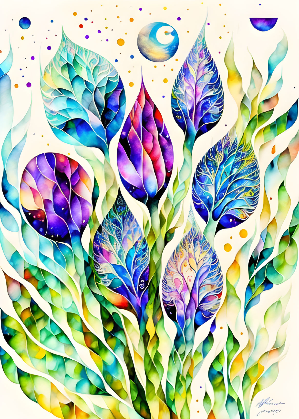 Vibrant abstract painting with leaf-like shapes in blues and greens, featuring swirl patterns and celestial bodies