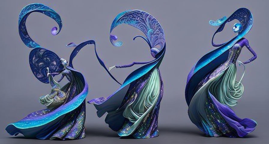 Abstract art: Three fluid, stylish figures in blue and purple hues.