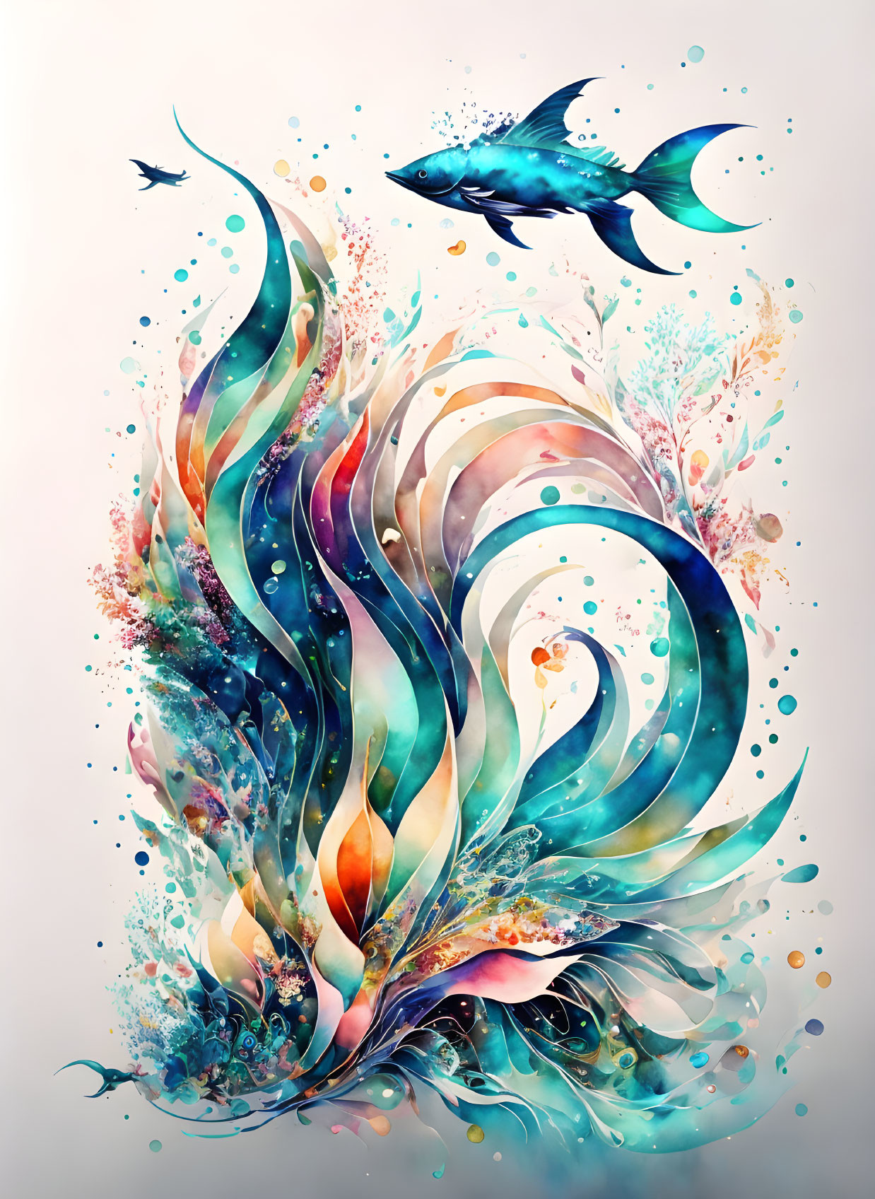 Colorful Ocean Waves and Marine Life Illustration with Blue Shark and Bird