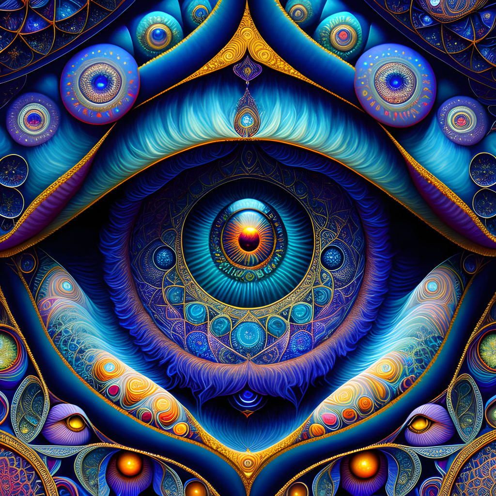 Symmetrical psychedelic design with eye motif and vibrant colors