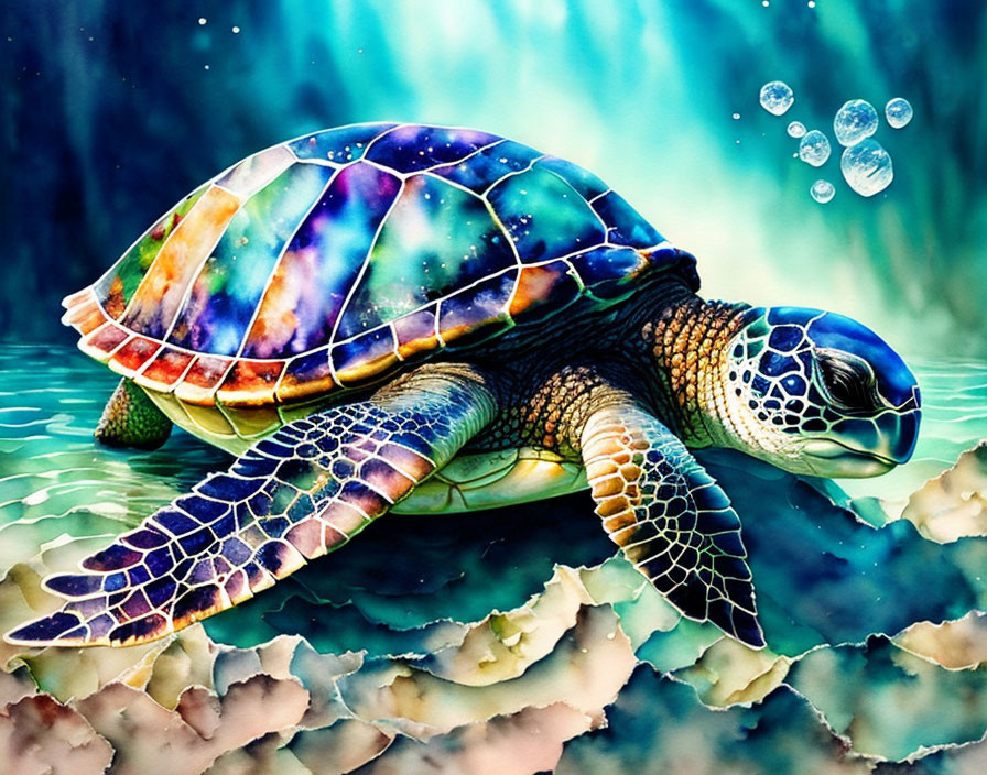 Colorful Sea Turtle Swimming Underwater with Patterned Shell