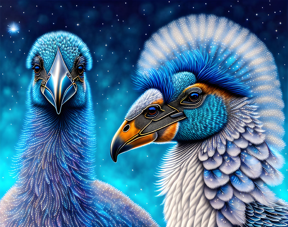 Colorful Stylized Birds with Celestial Background