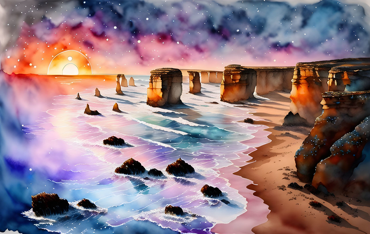 Colorful Sunset Seascape with Waves and Cliffs