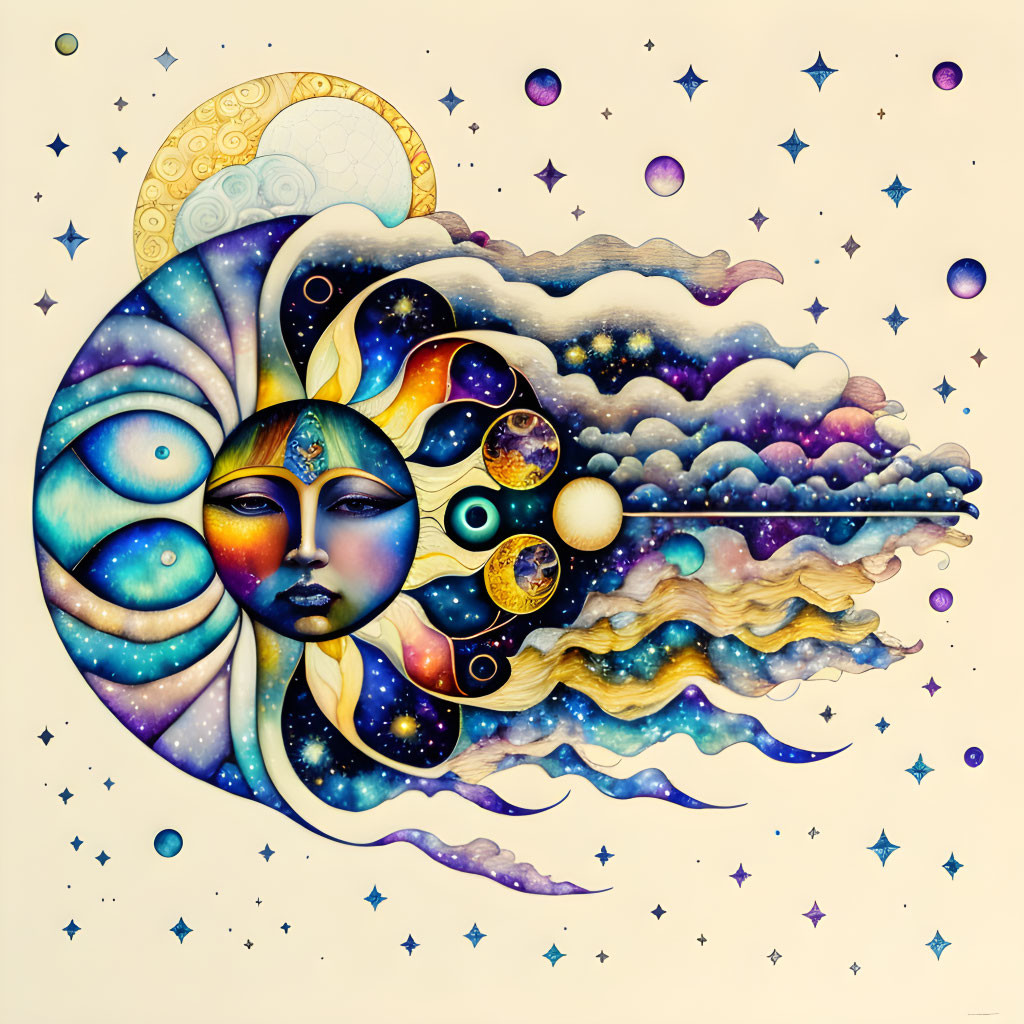 Vibrant surreal artwork: cosmic face, celestial bodies, clouds, waves