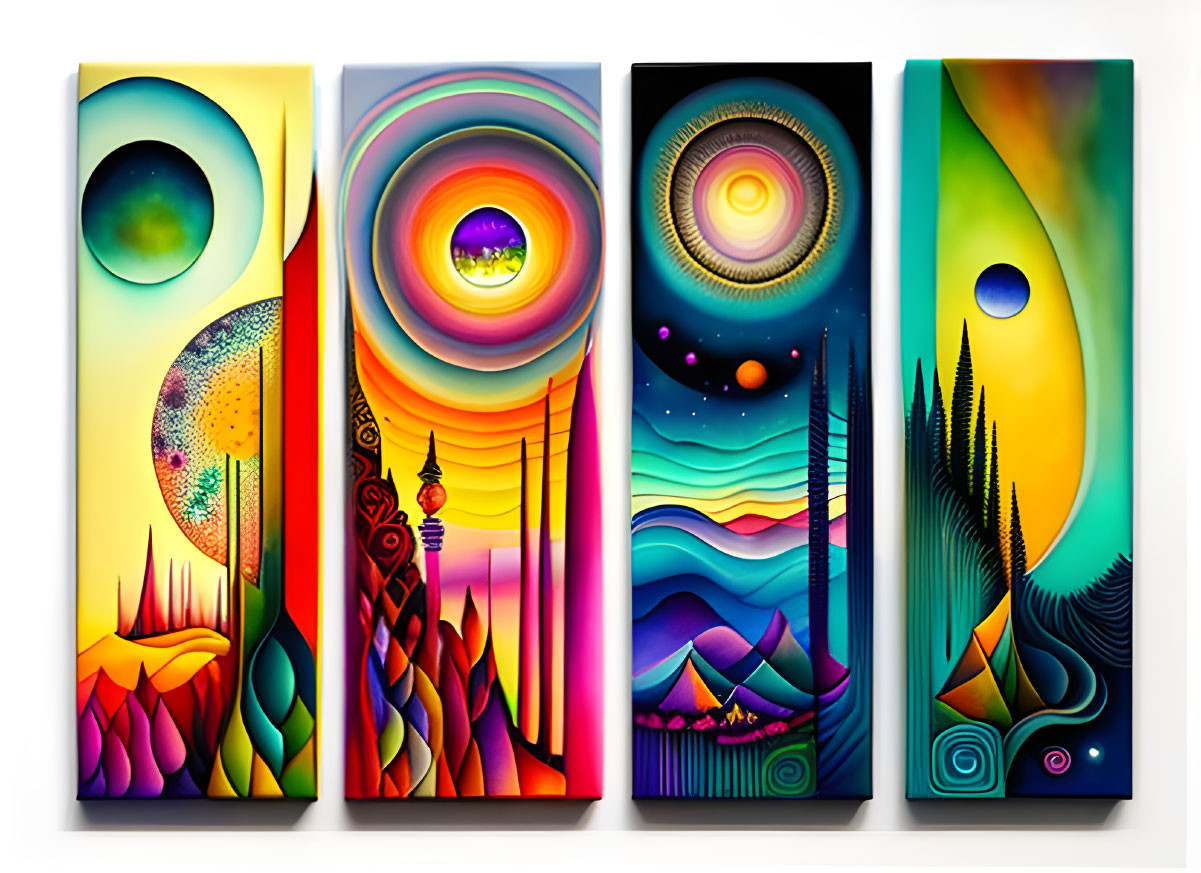 Abstract Celestial Bodies and Landscapes in Vibrant Panels