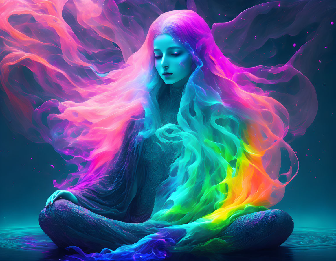 Colorful digital artwork: Woman meditating with flowing, multicolored hair in nebula background