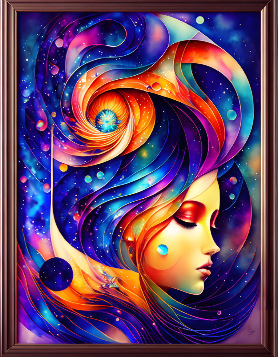 Colorful framed artwork of woman's profile merging with cosmic scene