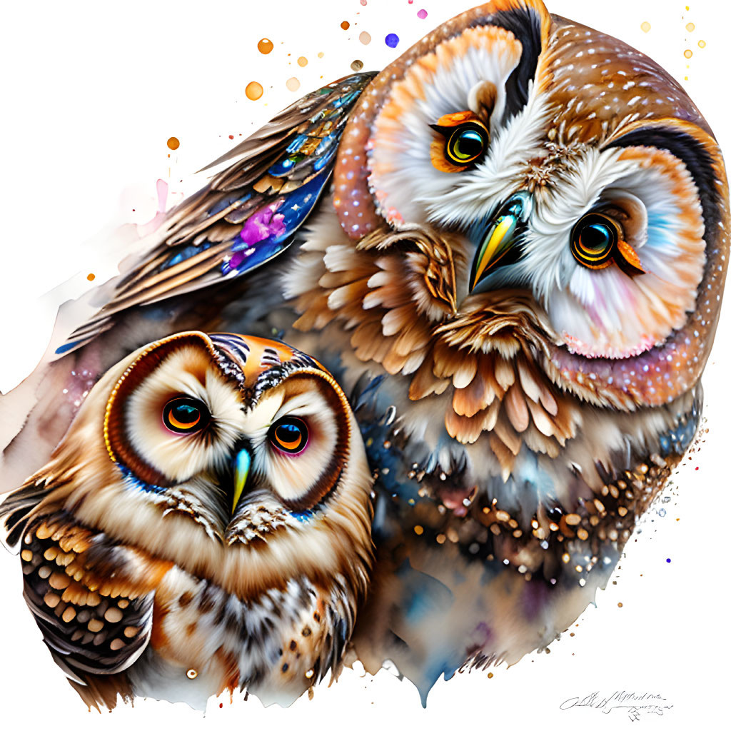 Detailed illustration of two owls with intricate feather patterns and colorful accents on white background