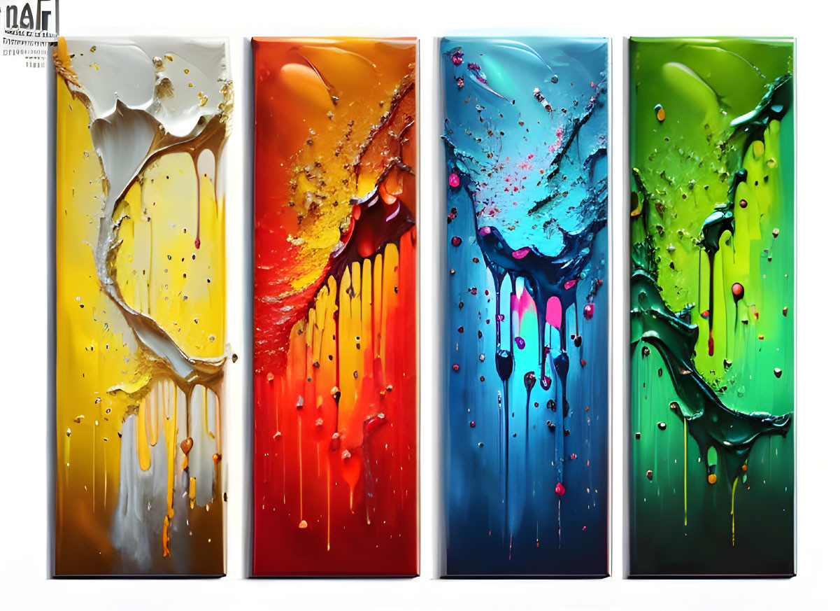 Four Vibrant Abstract Paintings with Dynamic Splatters and Drips