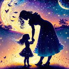 Silhouetted woman and child under starry sky with crescent moon and butterflies.