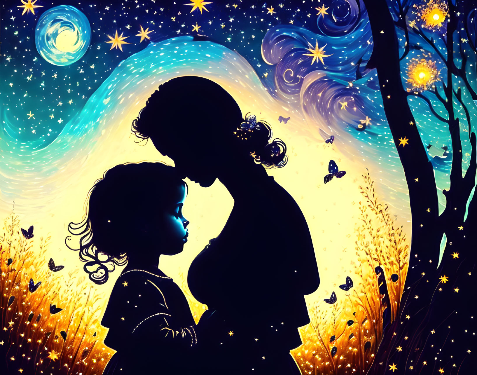 Adult and child embrace under starry night sky with moon, butterflies, and tree.