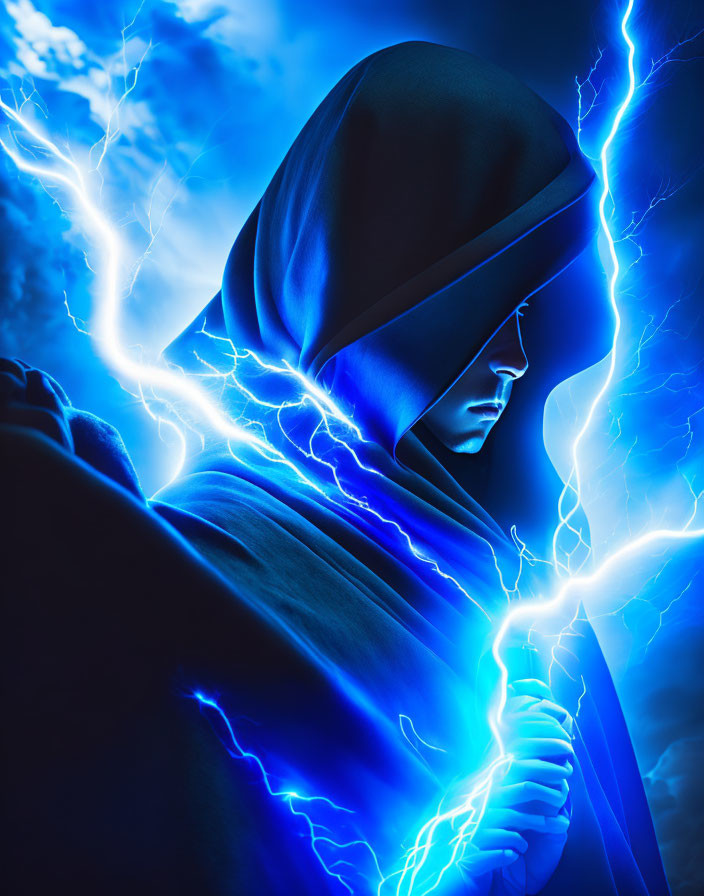 Hooded figure in blue lightning with powerful aura