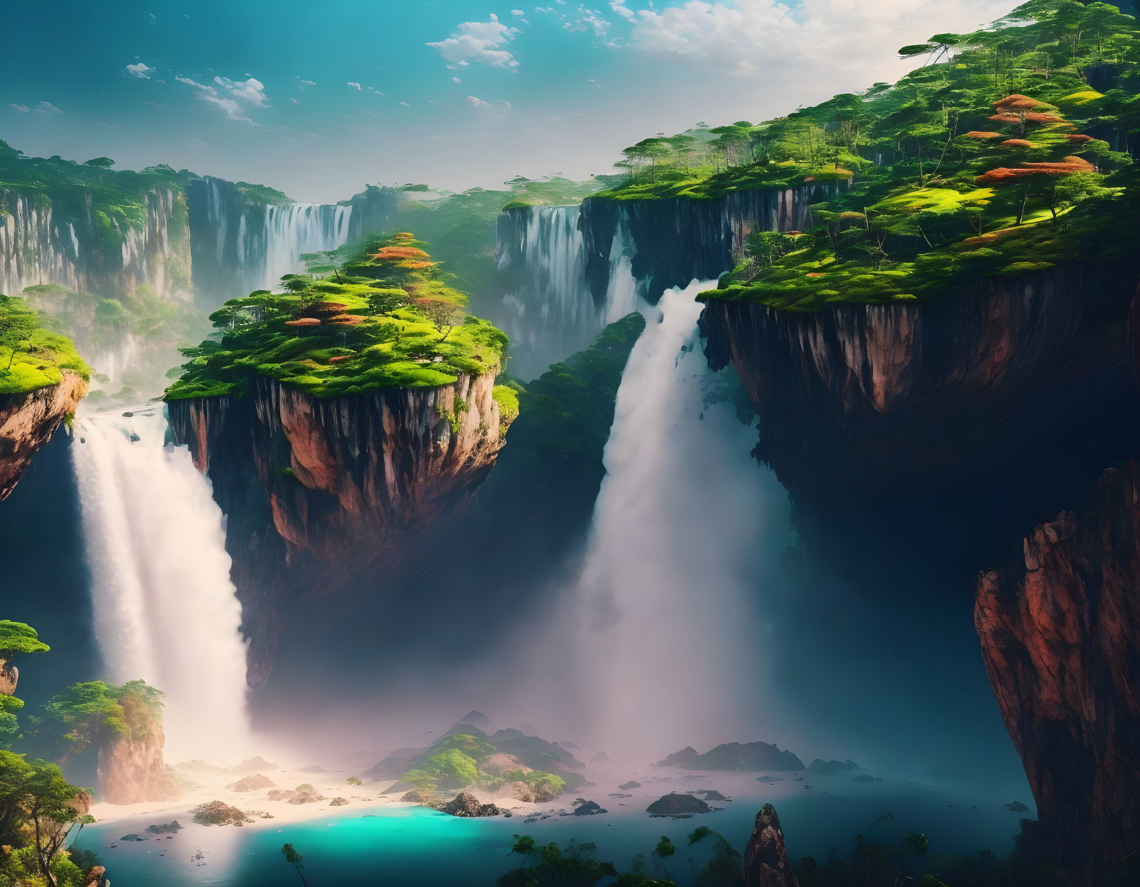 Majestic cliffs, waterfalls, greenery, and lagoon landscape.