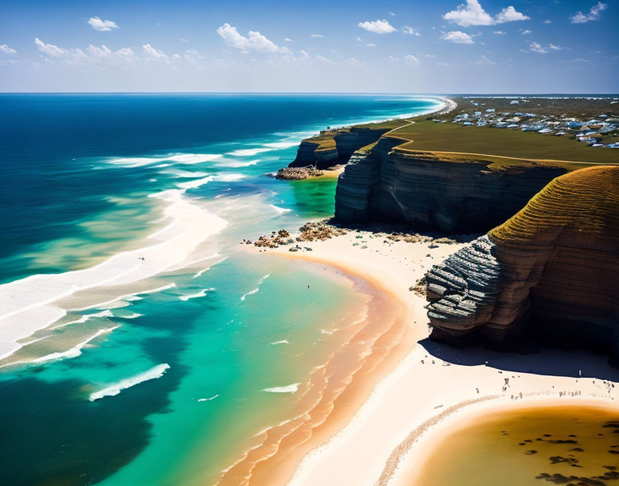 Layered cliffs and turquoise ocean in coastal landscape with sunbathers