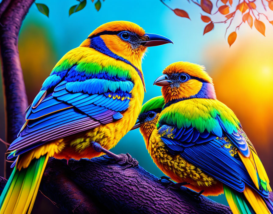 Colorful Birds Perched on Branch in Vibrant Background