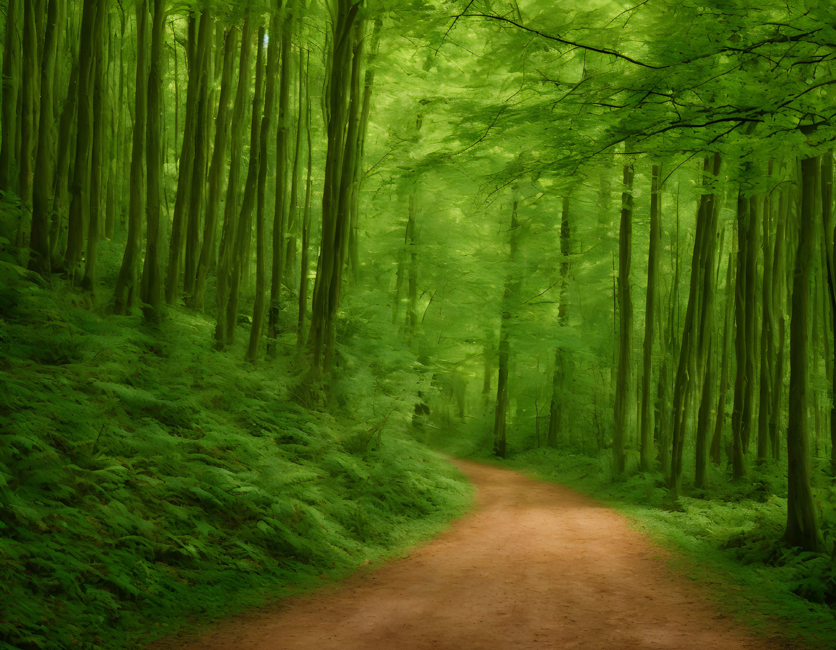 Tranquil forest path with tall trees and lush ferns