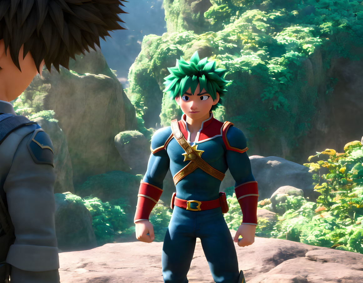 Colorful hero character with spiky green hair in sunlit forest