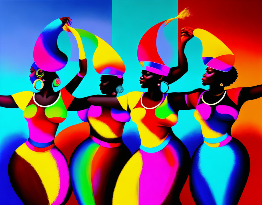 Vibrant stylized women dancing in flowing garments against colorful backdrop