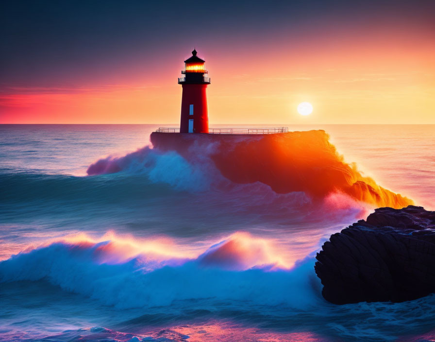 Red and White Lighthouse on Rocky Outcrop with Crashing Waves in Vibrant Sunset Sky