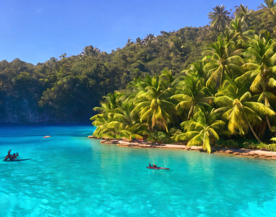 Tropical paradise: crystal-clear waters, kayakers, green palm trees, forested hillside.