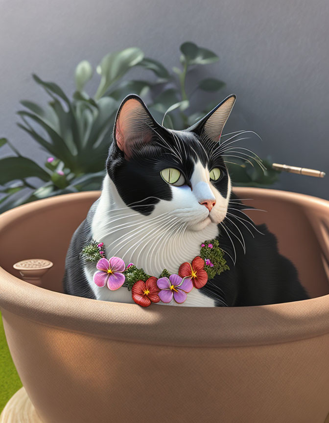 Black and white cat with floral necklace in brown pot with plants.