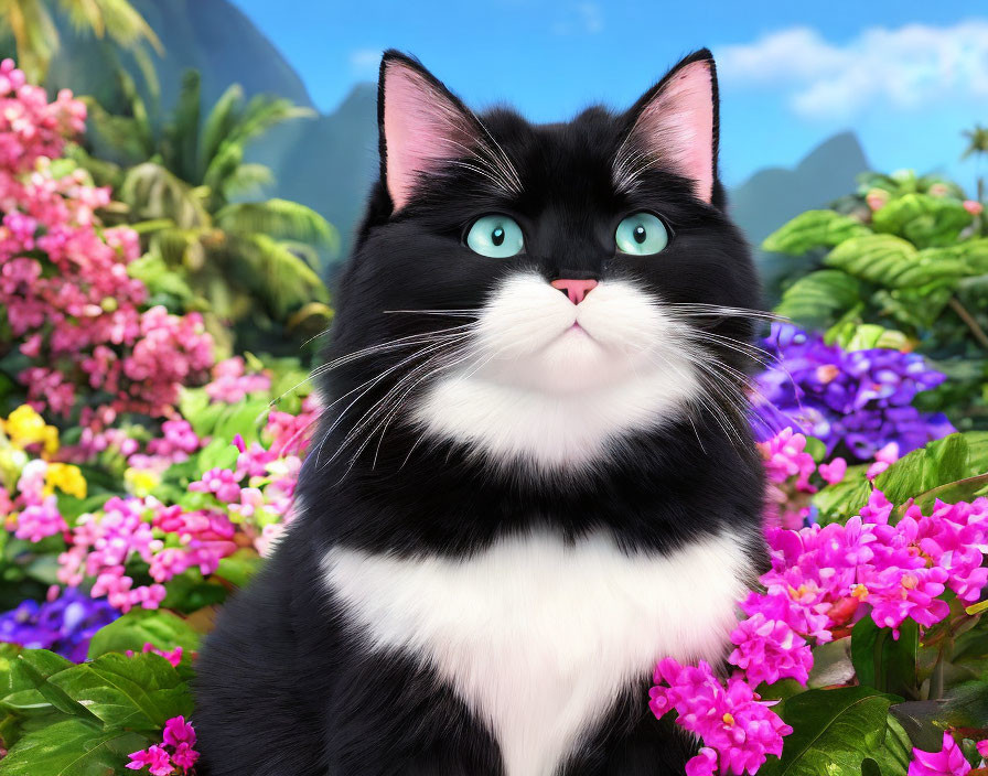 Fluffy Black and White Cat with Green Eyes in Floral Setting