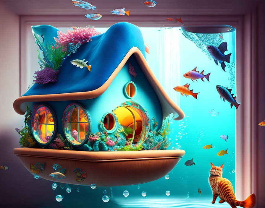 Colorful Coral and Fish in House-Shaped Aquarium with Cat Observing