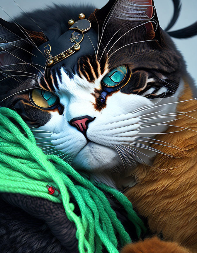 Digitally altered cat image with blue eyes, steampunk goggles, hat, and colorful scarf