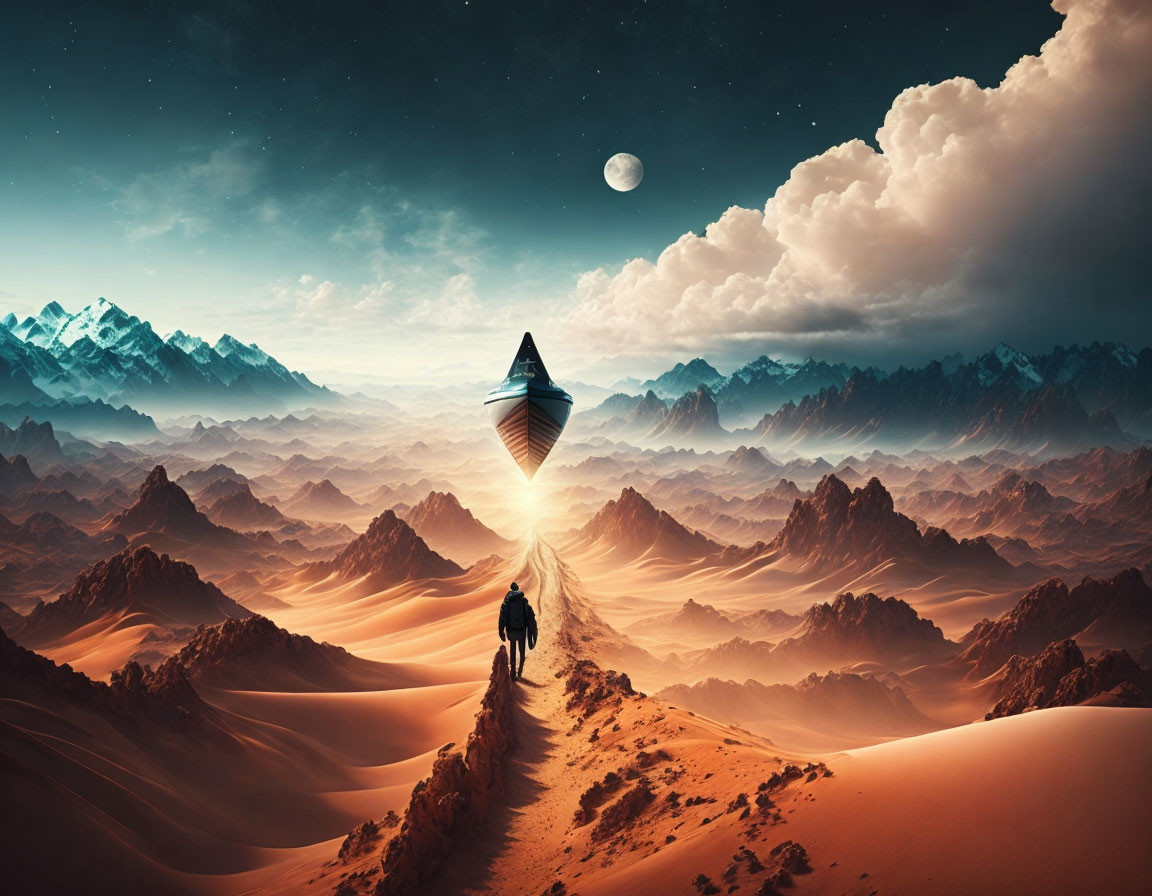 Person on desert path with futuristic spacecraft, mountains, starry sky, and moon.