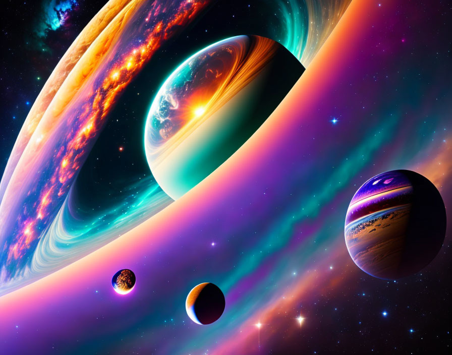 Colorful cosmic scene with four planets and stars