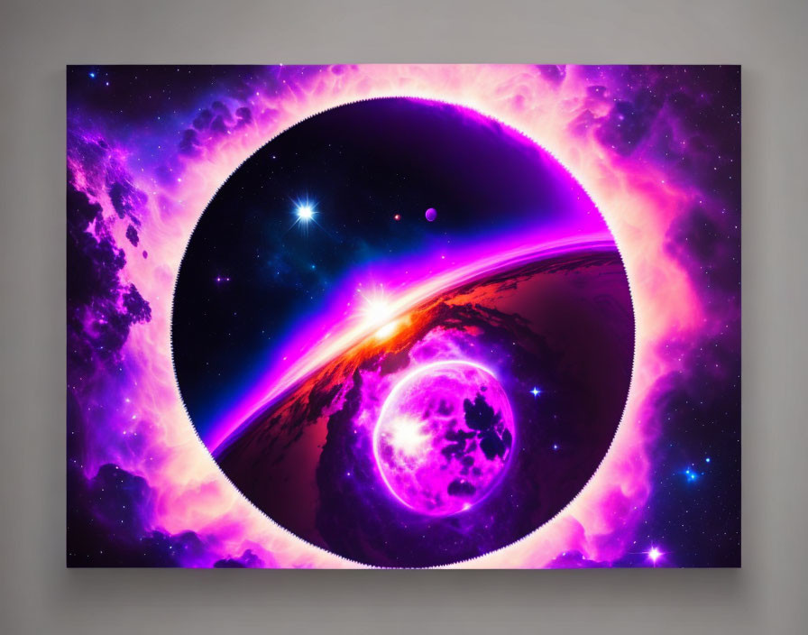 Cosmic digital artwork featuring celestial body and swirling galaxy