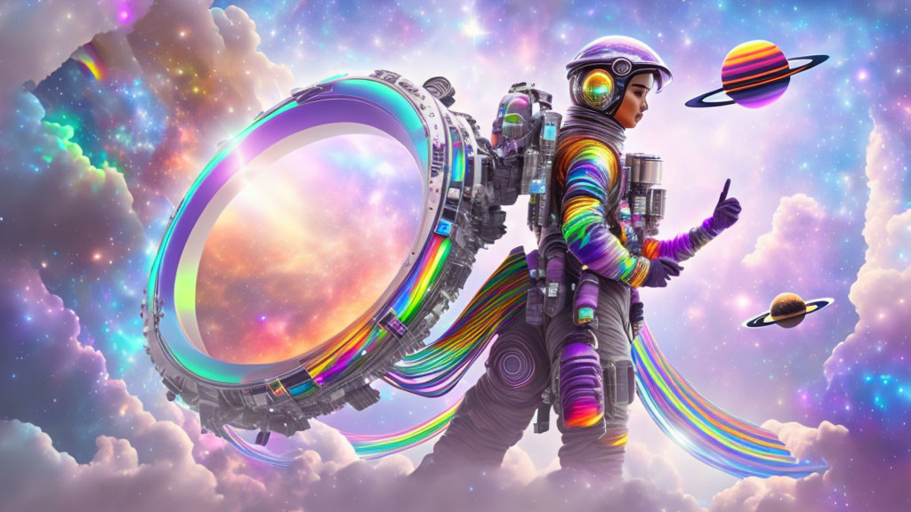 Colorful futuristic astronaut by massive portal in cosmic vista