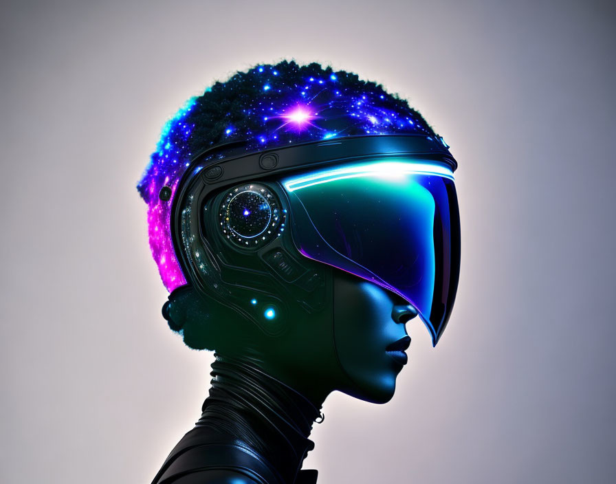 Glowing visor futuristic helmet with nebula effect.