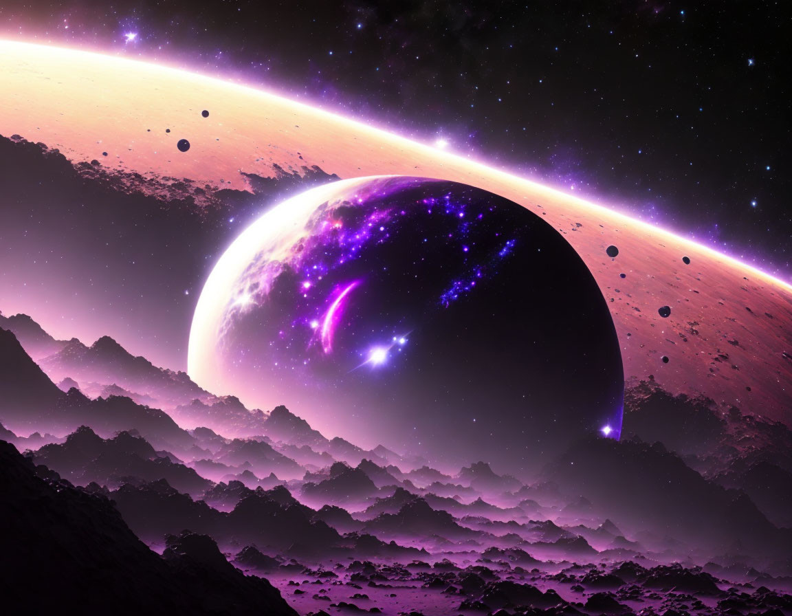 Rocky landscape with ringed planet and purple nebula in surreal space scene